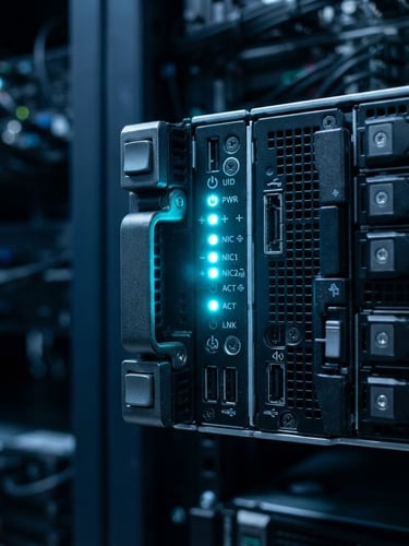 Macro shot of a high-performance server blade with glowing cyan LED indicators, dark navy background, sharp focus, 35mm