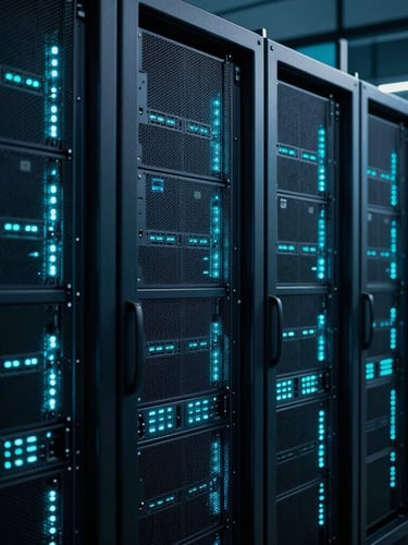 Wide environmental data center view in Finland, cool-toned low-key studio lighting with sharp neon cyan accents, 35mm
