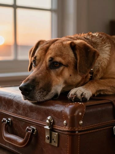 Un perro de perfil descansando su hocico sobre una valija de viaje de cuero marrón, luz cálida de atardecer entrando por una ventana, enfoque íntimo a la altura de los ojos, texturas claras de pelaje y equipaje.