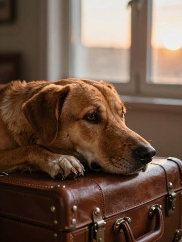 Un perro de perfil descansando su cabeza sobre una valija de cuero marrón, luz cálida de atardecer filtrándose por una ventana, enfoque íntimo a la altura de los ojos.