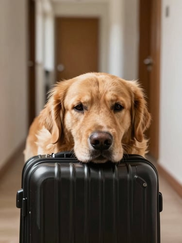 A golden retriever resting its chin on a hard-shell suitcase in a sunlit hallway, warm natural lighting, intimate eye-level framing.