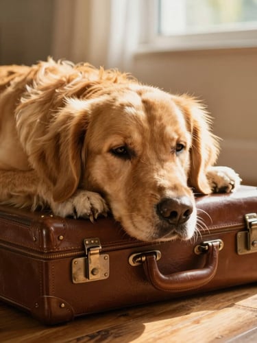 Intimate eye-level shot of a golden retriever resting its chin on a packed leather suitcase on a warm wooden floor, soft golden hour light filtering through a window, capturing rich textures of fur and travel gear.