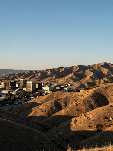 Wide panoramic shot of Boise Foothills at late afternoon, the ridge line running across the upper right third of the frame, downtown Boise rooftops visible in the lower left, expansive open sky, warm directional light casting long shadows across the terrain