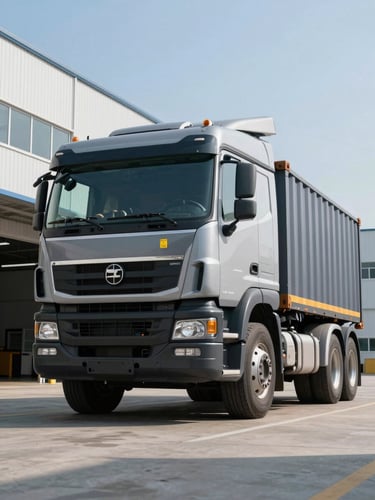 Low-angle heroic shot of a branded heavy-duty container truck parked outside a clean modern warehouse facility, crisp daylight, sharp details on the security seal.