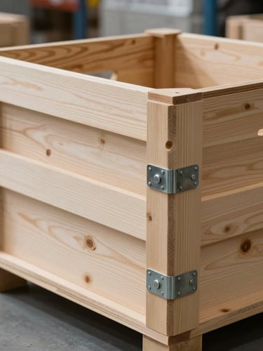 A sharp macro shot of heavy-duty custom-engineered wooden crates with secure steel seals inside a clean, modern warehouse