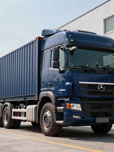Low-angle heroic shot of a heavy-duty navy blue container truck parked outside a modern logistics terminal under crisp daylight