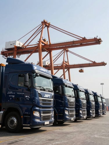 Low-angle heroic shot of deep navy blue container trucks lined up at JNPT port terminal under crisp daylight, massive cargo cranes in the background.