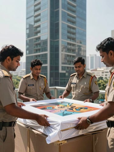Uniformed logistics team precision-wrapping a high-value art asset inside a modern Mumbai high-rise apartment, crisp daylight.