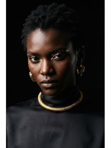 Dramatic high-contrast portrait of a model in sharp studio lighting, deep shadows, rich gold highlights, crisp medium format lens, minimalist composition