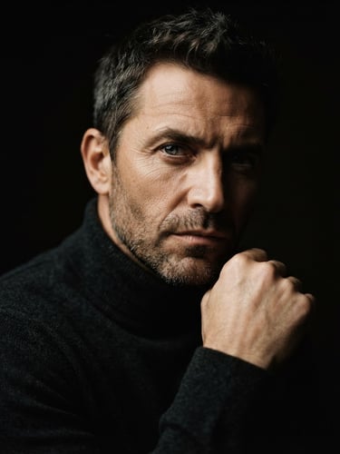 A crisp studio portrait with dramatic chiaroscuro lighting, sharp editorial style, deep rich tones, medium format lens depth of field