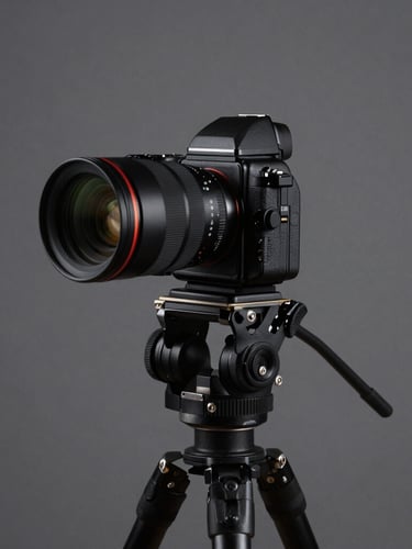 A professional photographer adjusting a high-end medium format camera on a heavy studio stand, dramatic side lighting, crisp focus, minimalist grey background