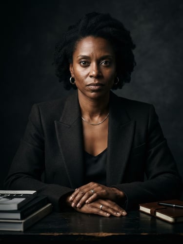 Sharp editorial studio portrait of a creative director, dramatic chiaroscuro lighting, deep shadows, crisp medium format lens