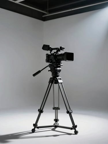 Behind-the-scenes creative direction in a spacious white studio, a professional camera on a heavy tripod, dramatic light shafts cutting through the space
