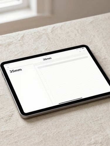 Sleek tablet resting on a neutral cream linen surface, displaying a gorgeous digital planner mockup, soft natural side lighting, minimalist workspace, 35mm