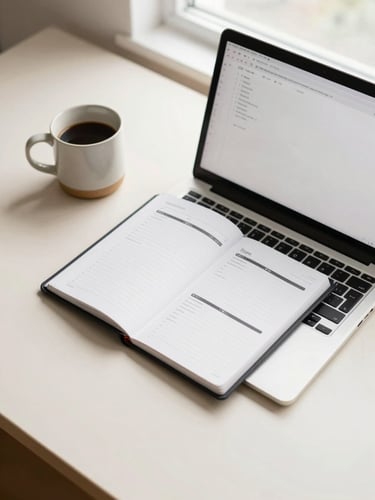 Overhead flat-lay of a sleek laptop displaying a clean digital planner, a ceramic coffee mug on a warm cream desk, bright natural window light, 35mm