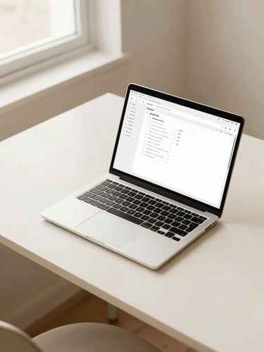 Overhead desk shot with a sleek laptop displaying a clean Notion workspace template, warm cream tones, minimalist workspace, soft natural window light