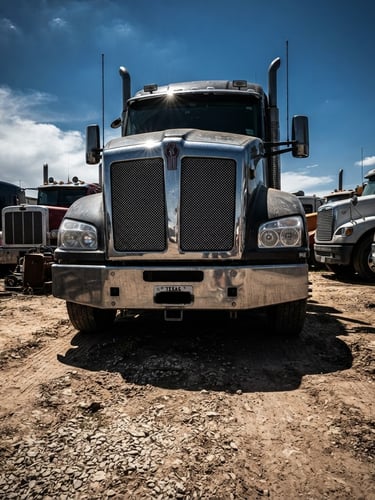 Low-angle dramatic shot of heavy-duty commercial trucks parked in a dusty Texas yard, harsh bright sunlight reflecting off chrome grills and steel bumpers, high-contrast shadows.