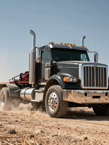 Low-angle shot of a heavy-duty dually truck kicking up dust on a dry Texas ranch, harsh bright sunlight, metallic reflections