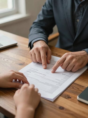 Close-up medium shot of an advisor's hands pointing at a printed loan amortization table on a wooden desk, a family member's hands visible across the table, warm window light from the left, modest home office setting, no faces, authentic documentary framing