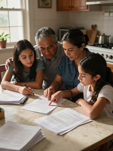 Wide medium shot from slightly above, a Mexican family of three seated at a modest kitchen table under warm north-facing window light, father and mother leaning in toward a printed document while their teenage daughter points at a line on the page, afternoon sun casting soft shadows across the table surface, stacks of papers and a pen visible, no eye contact with camera
