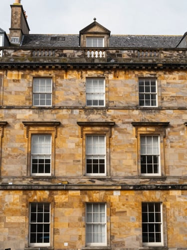 Close-up architectural photograph of a classic Scottish sandstone townhouse facade, soft natural overcast daylight highlighting the rich golden stone texture, straight-on elevation crop.
