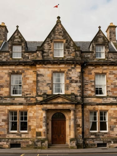 Straight-on architectural elevation of a grand Scottish sandstone building with restored masonry under soft overcast daylight, 35mm editorial photography