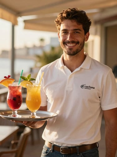 Warm editorial portrait of a smiling Spanish waiter serving colorful fresh tropical juices on a sunny outdoor terrace, golden hour sunlight, shallow depth of field, 35mm.