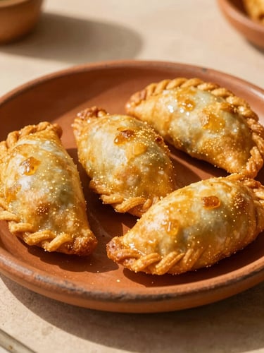 Close-up of freshly fried golden Colombian empanadas served on a rustic clay plate, warm afternoon sunlight casting long shadows, 35mm photography