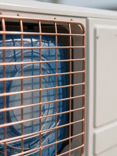 Tight macro shot of clean copper lines and blue-coated condenser coils on a modern outdoor AC unit, midday coastal sun reflecting off the metal.