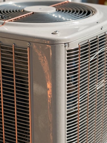 A close-up macro shot of clean copper lines and heavy-duty aluminum fins of an outdoor condenser unit, harsh midday Florida sun reflecting off the metal, sharp focus.