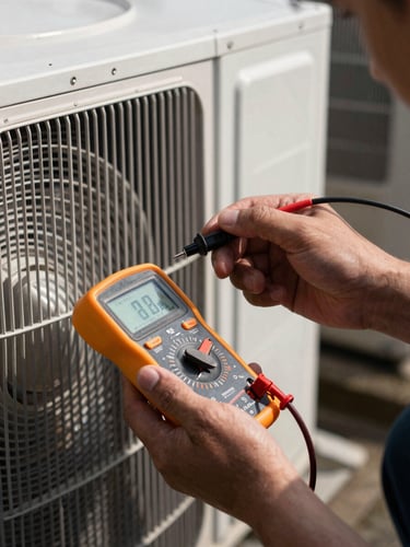 Close-up of a technician's hands in high-contrast light, testing voltage on an outdoor AC condenser unit with digital multimeter, crisp focus, industrial style.
