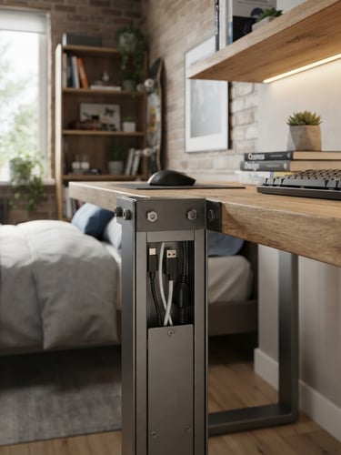 Close-up of a modular steel and oak desk joint with integrated cable management channel, bathed in soft natural daylight with warm LED accents, in a neat teen bedroom, wide shot.
