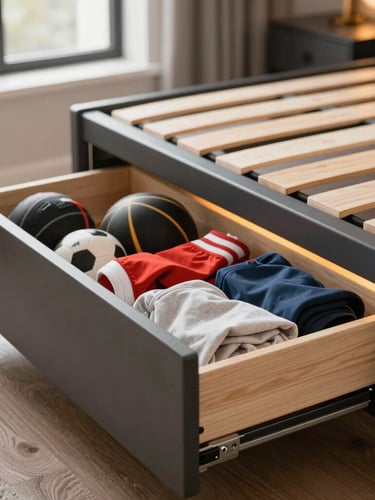 Teen bedroom showing a modular bed frame with hidden storage drawers open, revealing sports equipment and off-season clothes neatly organized, natural window light, tight macro shot of drawer mechanism.