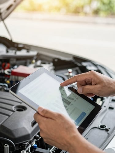 Close-up of a professional mechanic inspecting a modern car engine with a digital tablet, bright daylight, clean slate gray workshop, professional automotive delivery style.