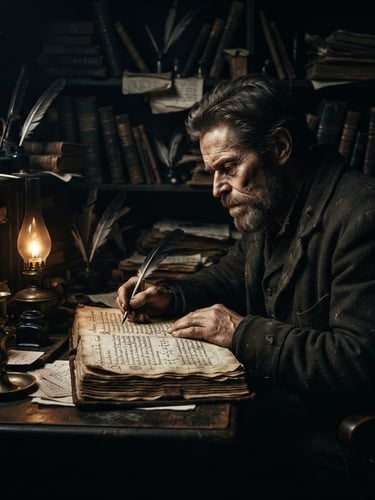 Dramatic high-contrast portrait of a writer in a dark study, single-source light illuminating an open ancient text on a wooden desk, deep shadows, 35mm film grain