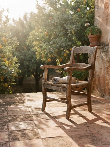 A wooden porch chair in warm golden hour light, long shadows on terracotta tiles, dusty citrus leaves in the background, 35mm film style
