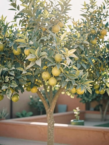 Sun-dappled backyard garden in Riverside with dusty green citrus trees, warm hazy sunlight filtering through leaves, soft focus, warm editorial look