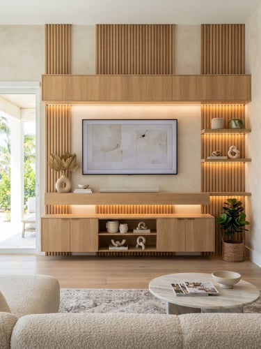 Straight-on architectural photography of a custom-milled oak wood slat media wall in a bright Sarasota living room, warm integrated LED cabinetry lighting, 35mm.