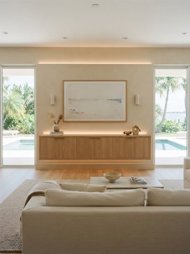 Straight-on architectural photography of a luxury living room in Sarasota, featuring a minimalist floating cabinet in white oak, soft coastal daylight, warm integrated LED glow, 35mm.
