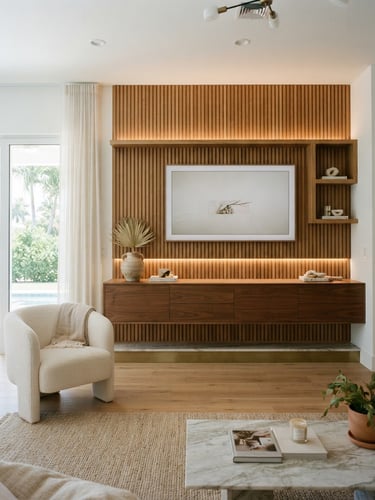 Straight-on luxury interior photography of a custom wood slat media wall in a Sarasota home, warm integrated LED lighting casting a soft glow on floating cabinetry, bright coastal daylight, 35mm