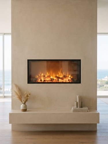 Straight-on architectural photography of a minimalist flush-mount electric fireplace glowing warm orange, integrated into a beige plaster media wall, soft coastal daylight, 35mm