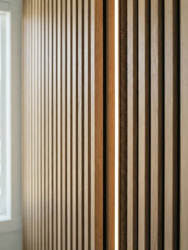 Close-up architectural detail of a custom white oak wood slat wall in a bright Sarasota home, soft coastal daylight, warm integrated LED glow, 35mm
