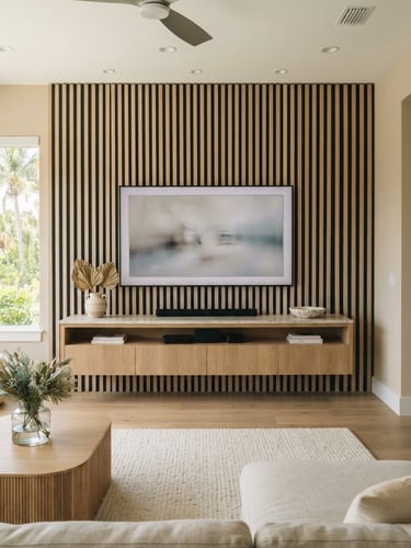 Straight-on architectural photography of a custom wood slat media wall in a Longboat Key home, warm morning light, luxury interior design, 35mm.