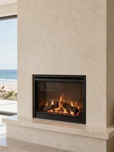Close-up of a flush-mount fireplace integrated into a custom travertine media wall, glowing LED accent lighting, bright coastal daylight, 35mm.