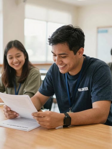 Candid medium shot of a volunteer mentor and a local adult sitting together at a wooden table in a community center, looking over a worksheet and laughing, soft daylight, warm approachable tones, 35mm lens