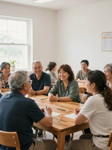 A friendly group of local adults sitting around a wooden table in a brightly lit community center room, smiling and talking during a mentoring session, soft natural daylight, warm approachable tones