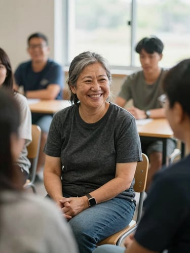 Candid medium shot of a local resident smiling warmly during a group discussion in a sunlit community center, soft natural daylight, warm approachable tones, 35mm lens