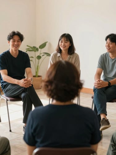 A bright, welcoming community room where a small group of local adults sit in a circle, talking and smiling under warm daylight, candid documentary style.