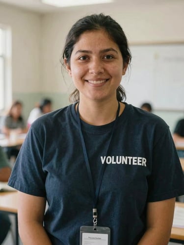 A warm, candid portrait of a friendly volunteer mentor in a sunlit community center, smiling gently at the camera, soft natural daylight, 35mm lens.