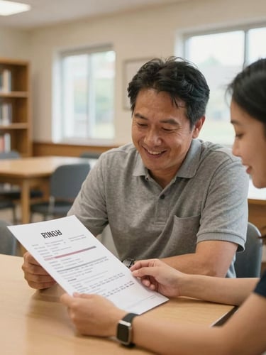 A warm, daylight-filled room in a local library where a friendly mentor and a local adult sit at a table, smiling and looking over a printed resume together, candid documentary style.